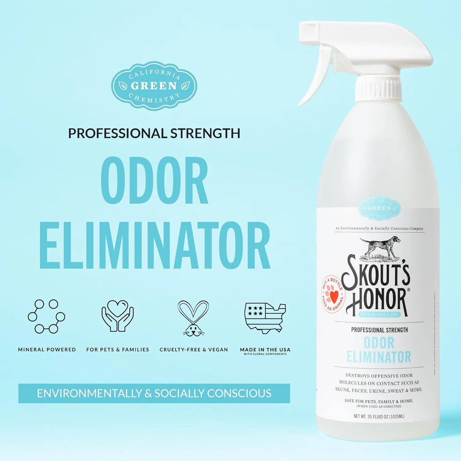 از بین برنده بوی سگ Skout's Honor با قدرت حرفه ای، کاملا طبیعی - غیر سمی، زیست تخریب پذیر و سازگار با محیط زیست - فناوری از بین برنده بو، مولکول های بو را در تماس از بین می برد - بطری اسپری 32 اونسی