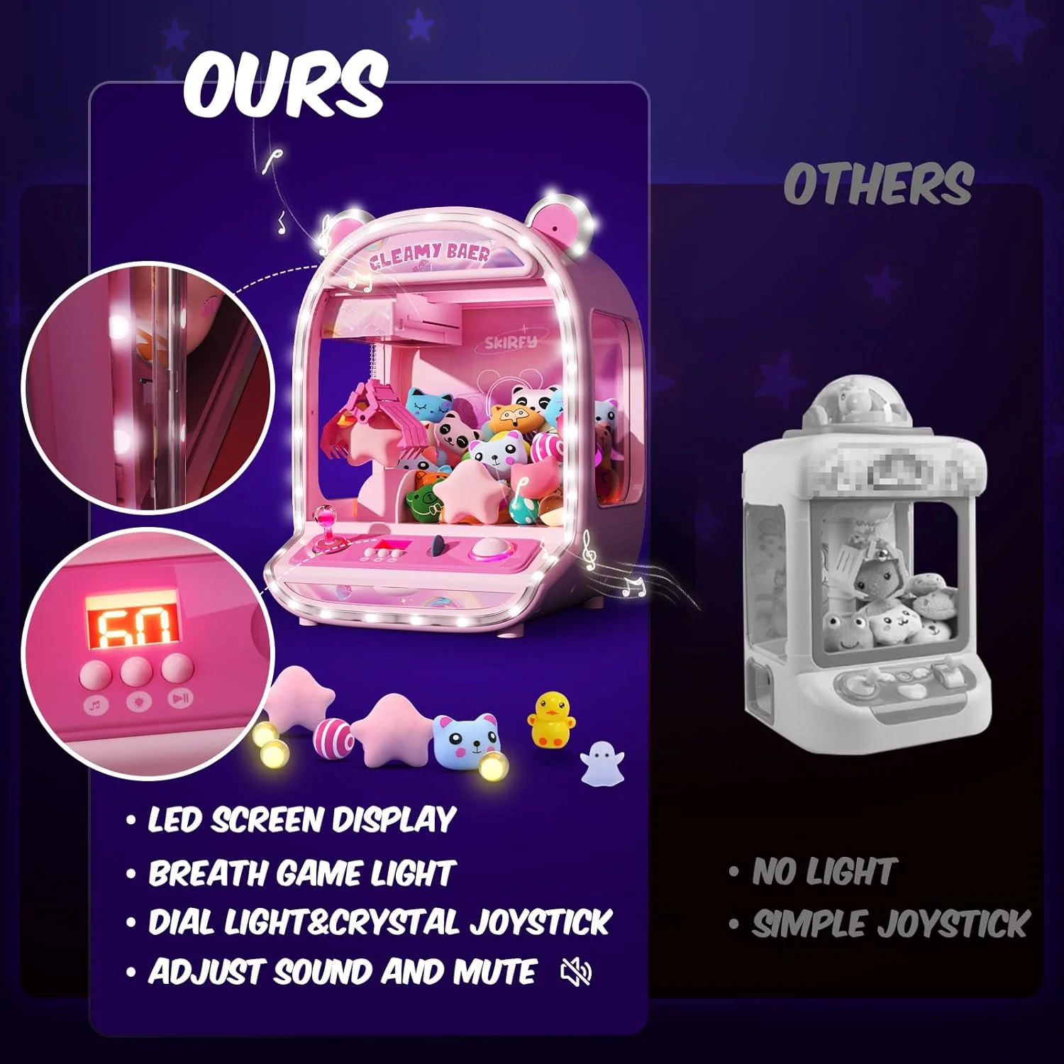 دستگاه اسباب بازی چنگکی بزرگ Skirfy با نور LED و صدای قابل تنظیم، دستگاه فروش آبنبات مینی 16 اینچی، هدیه تولد و کریسمس بزرگ برای دختران و پسران 6 سال به بالا