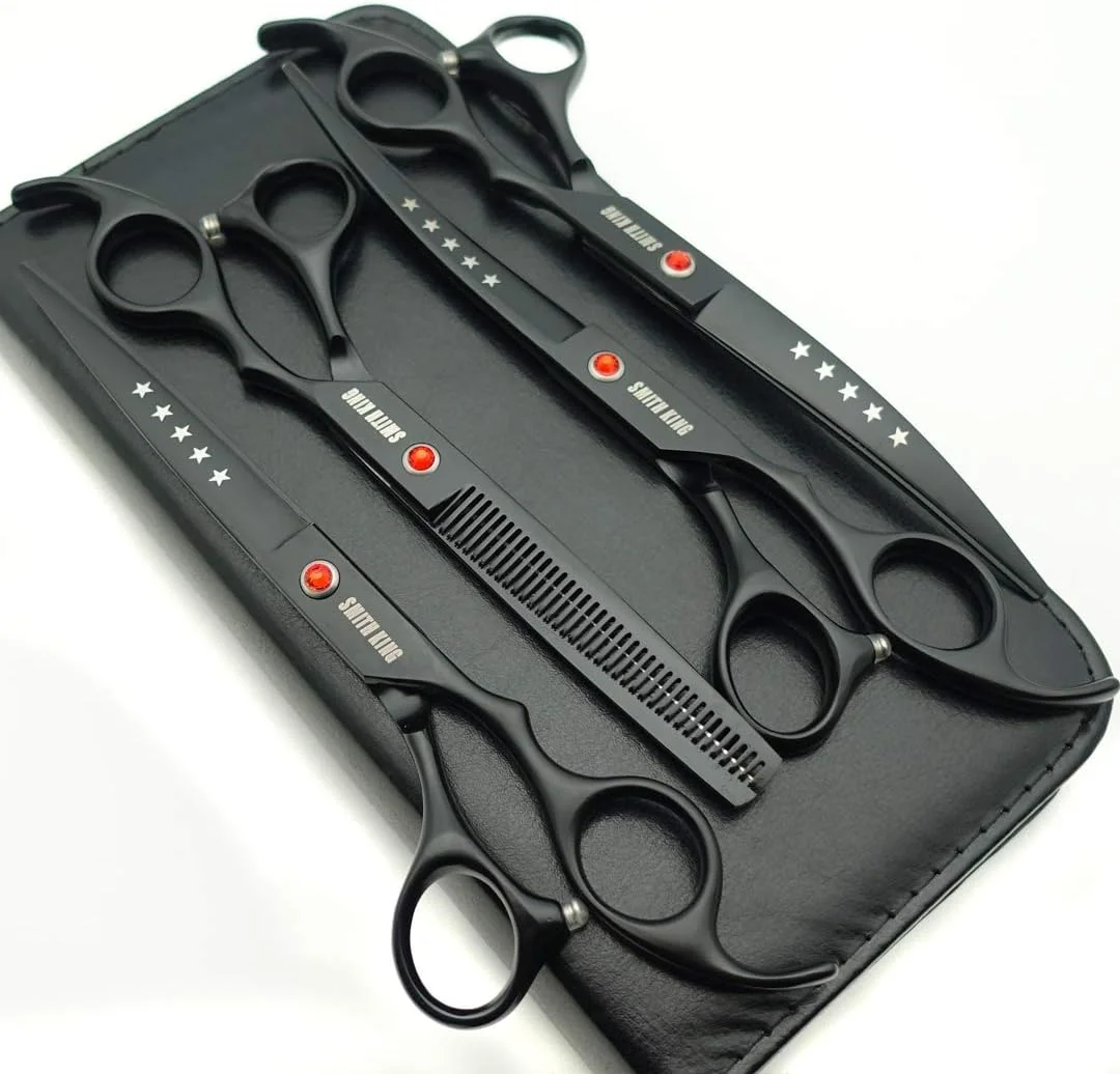 ست قیچی آرایشگری حرفه ای سگ Smith King، 7.0 اینچ، شامل قیچی های صاف، اره ای (تِنِرساز) و منحنی، 4 عدد در 1 ست (مشکی)