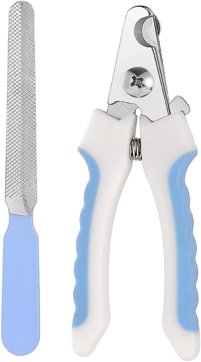 ناخن گیر حیوانات خانگی کوچک سفید/آبی - طراحی تیغه مستقیم با محافظ ایمنی و سوهان ناخن برای گربه ها/سگ های نژاد کوچک