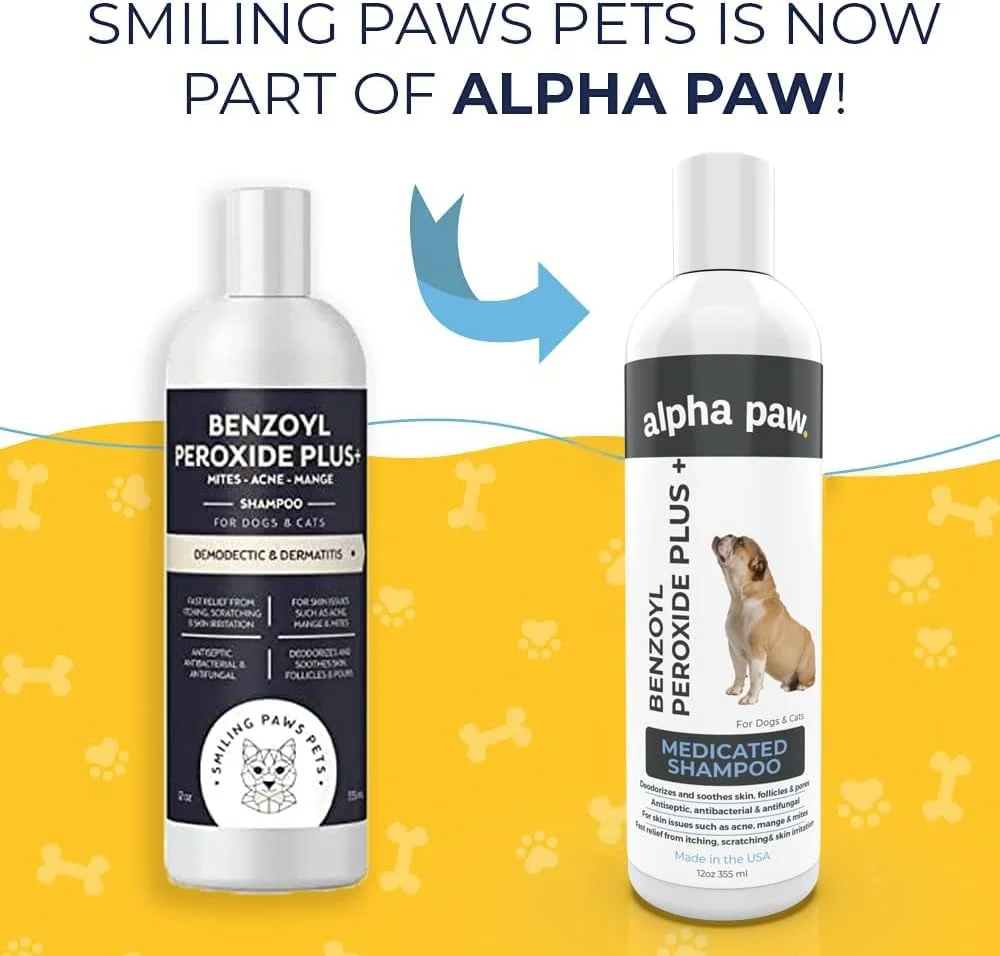 شامپو رفع خارش حیوانات خانگی Smiling Paws Pets - حاوی بنزوئیل پراکسید - از بین برنده کک - تسکین دهنده آلرژی، خارش، درماتیت، جرب، شوره سر، کنه، آکنه، دمودکس، سبوره، پیودرما - 355 میلی لیتر