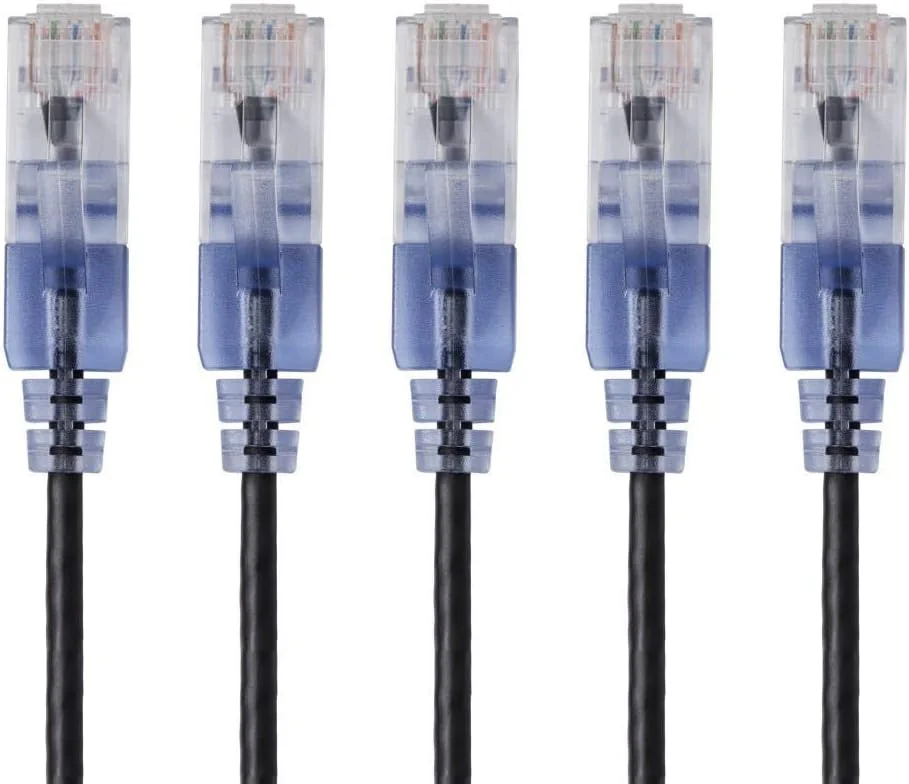 کابل شبکه اترنت Cat6A اسلیم ران Monoprice - سیم اینترنت شبکه - RJ45، رشته ای، UTP، سیم مسی خالص، 30AWG، طول 0.6 متر، مشکی، بسته 5 عددی