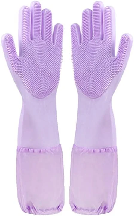 دستکش نظافت حیوانات خانگی سیلیکونی با بیش از 3000 دندانه شانه ای طراحی پیشرفته برای تمیز کردن عمیق، دستکش شستشوی دستی، برس حمام، ماساژ حذف موی گربه، تجهیزات مرطوب ((بنفش، فوق العاده بلند)