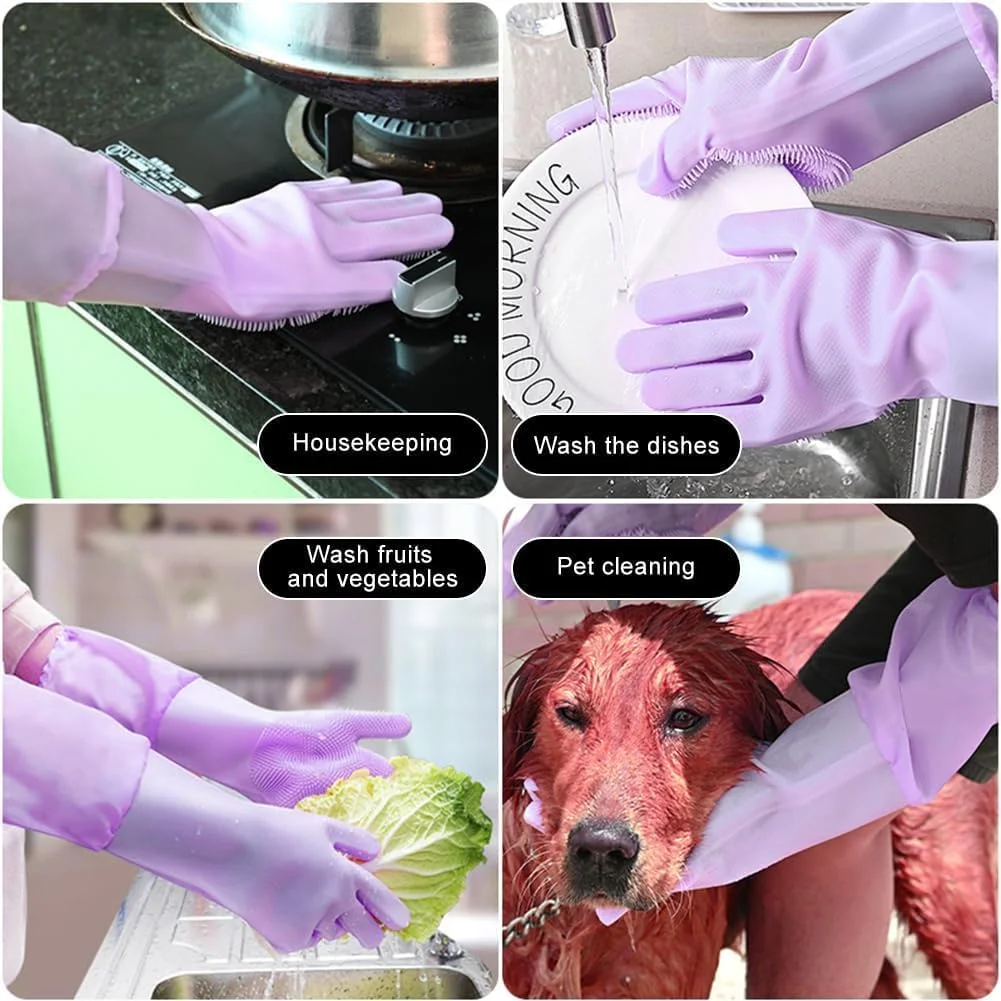 دستکش نظافت حیوانات خانگی سیلیکونی با بیش از 3000 دندانه شانه ای طراحی پیشرفته برای تمیز کردن عمیق، دستکش شستشوی دستی، برس حمام، ماساژ حذف موی گربه، تجهیزات مرطوب ((بنفش، فوق العاده بلند)