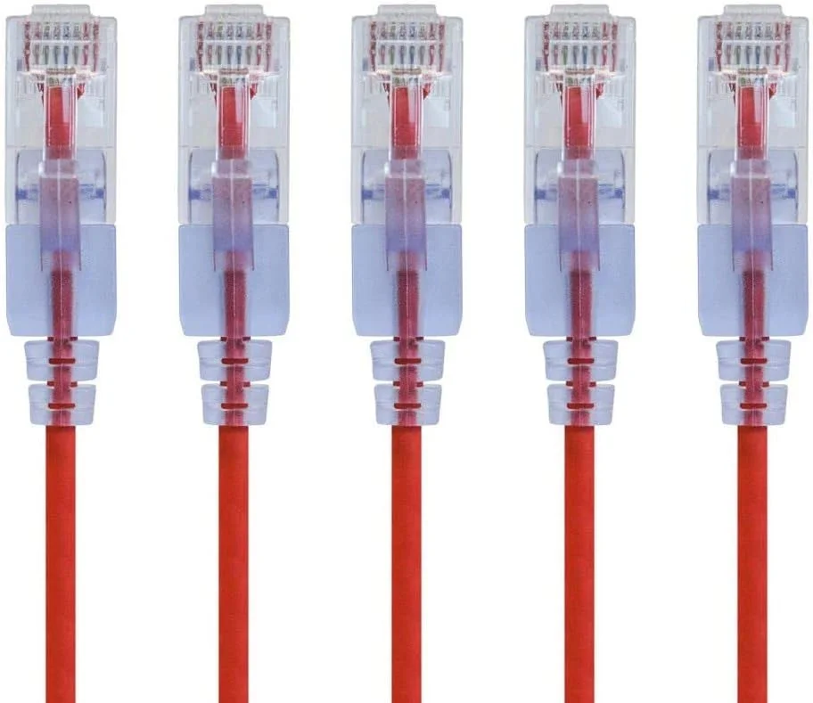 کابل شبکه اترنت Cat6A باریک Monoprice SlimRun - سیم اینترنت شبکه - RJ45، رشته ای، UTP، سیم مسی خالص، 30AWG، 0.6 متر، قرمز، بسته 5 عددی