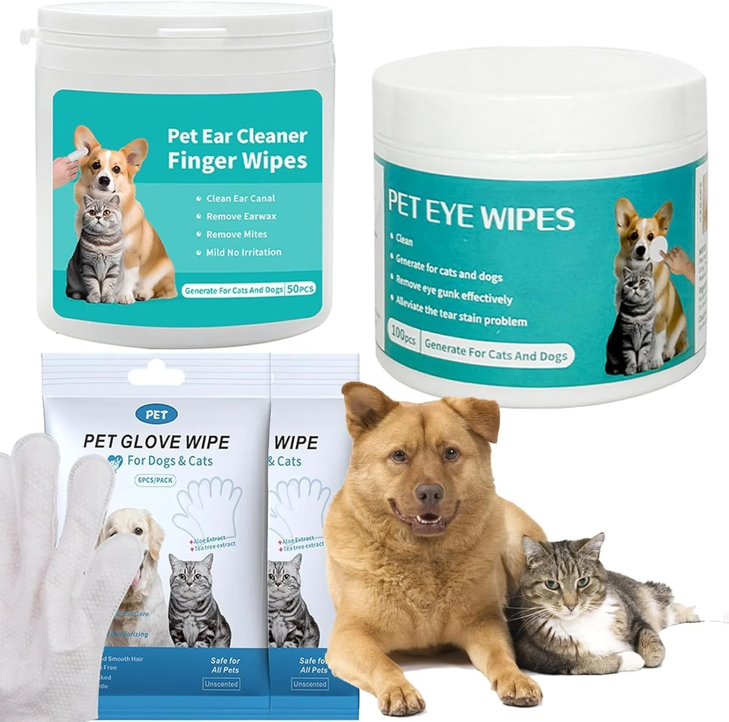 کیت تمیز کننده حیوانات خانگی شلمن برای سگ و گربه، دستمال مرطوب دستکشی حیوانات خانگی + دستمال مرطوب چشم سگ + دستمال مرطوب گوش سگ، دستمال مرطوب حمام ضد حساسیت و خوشبو کننده برای گوش، چشم، باسن و بدن