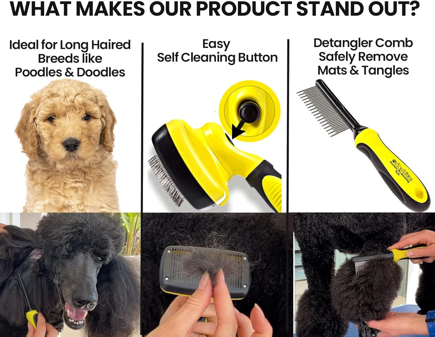 ست برس مویی خود تمیز شونده و شانه گره باز کن سگ و گربه ShedTitan - برس ایده آل و آسان برای سگ ها، گلدن دودل ها، پودل ها، گربه ها - شانه گره باز کن، گره و موهای درهم پیچیده سگ و گربه را از بین می برد