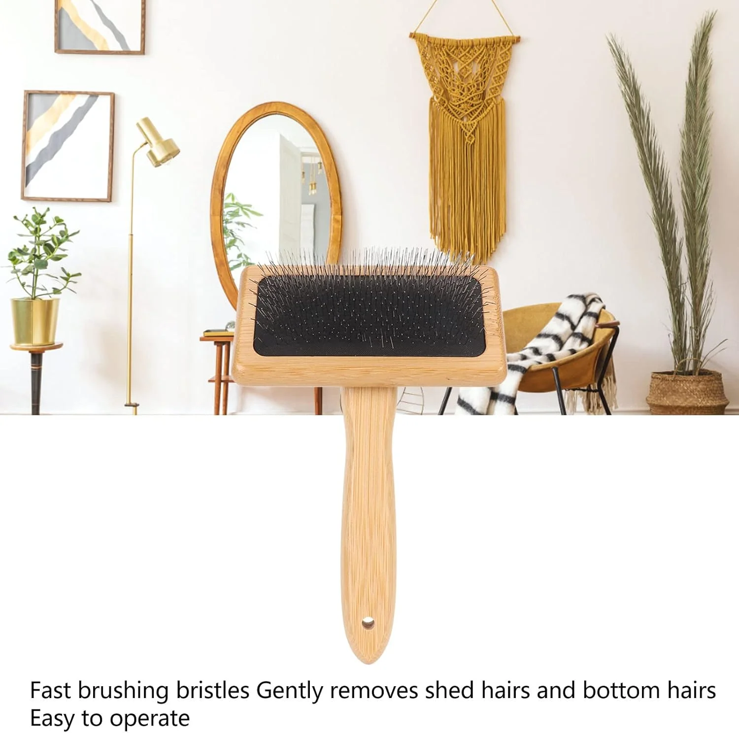 برس پشمی پوست گوسفند، برس سیمی پشمی پوست گوسفند با کوسن کیسه هوا، شانه نرم کننده مکرومه برس نرم کننده حیوانات خانگی با دسته چوبی برای نظافت، از بین بردن ریزش مو و آلودگی (L)