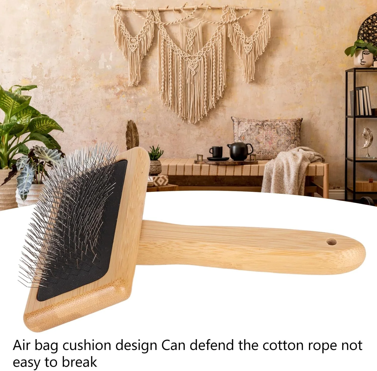 برس پشمی پوست گوسفند، برس سیمی پشمی پوست گوسفند با کوسن کیسه هوا، شانه نرم کننده مکرومه برس نرم کننده حیوانات خانگی با دسته چوبی برای نظافت، از بین بردن ریزش مو و آلودگی (L)