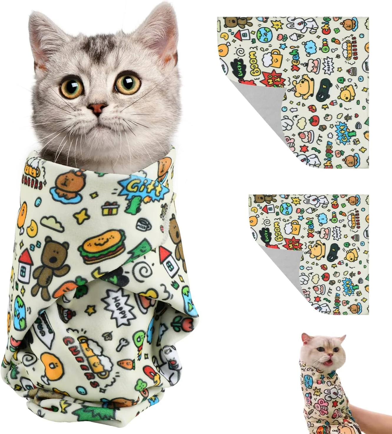 روپوش نظافت گربه، پارچه مهار کننده خود چسب، ضد گاز گرفتن و ضد خراش، ابزار آرامش بخش حیوانات خانگی برای دارو، کوتاه کردن ناخن، ایمن و چند منظوره (سایز L)