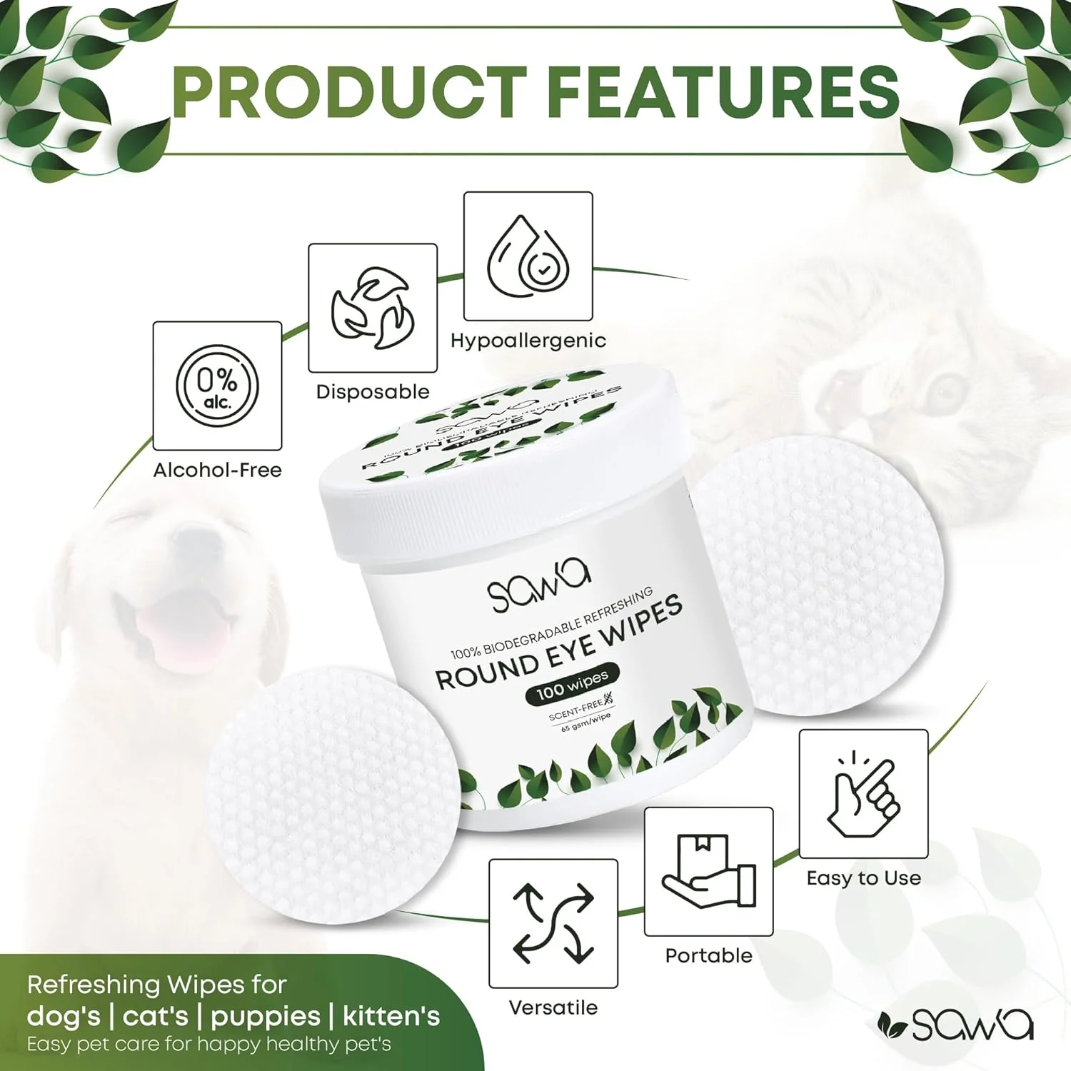 دستمال مرطوب چشم حیوانات خانگی SAWA، مناسب سگ و گربه، 100 عدد دستمال پاک کننده لکه اشک برای حیوانات خانگی، پد پاک کننده چشم سگ و گربه، پاک کننده بدون عطر ترشحات چشم سگ (دستمال مرطوب گرد)