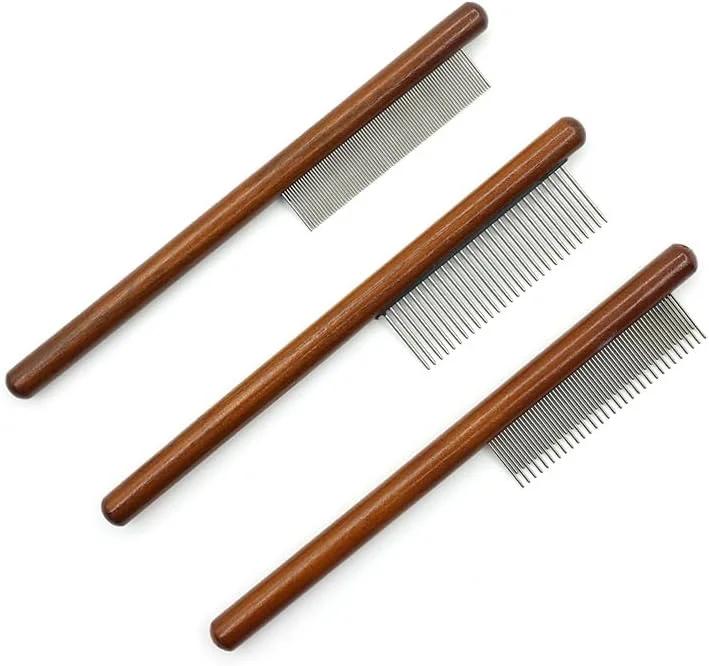 ست ۳ عددی شانه گربه چوبی، شانه ضد کک و شپش با دندانه های استیل ضد زنگ گرد برای ماساژ گربه، سگ، خرگوش، از بین بردن گره ها، موهای درهم و شل، شانه نظافت (قهوه ای، تک سایز)