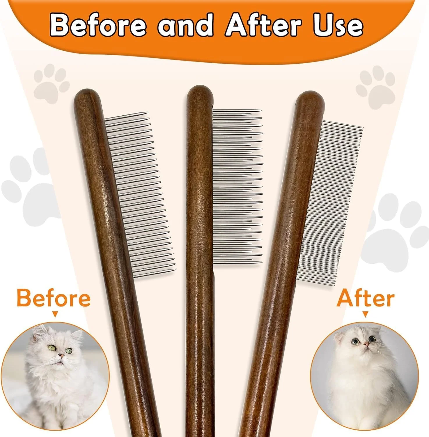 ست ۳ عددی شانه گربه چوبی، شانه ضد کک و شپش با دندانه های استیل ضد زنگ گرد برای ماساژ گربه، سگ، خرگوش، از بین بردن گره ها، موهای درهم و شل، شانه نظافت (قهوه ای، تک سایز)