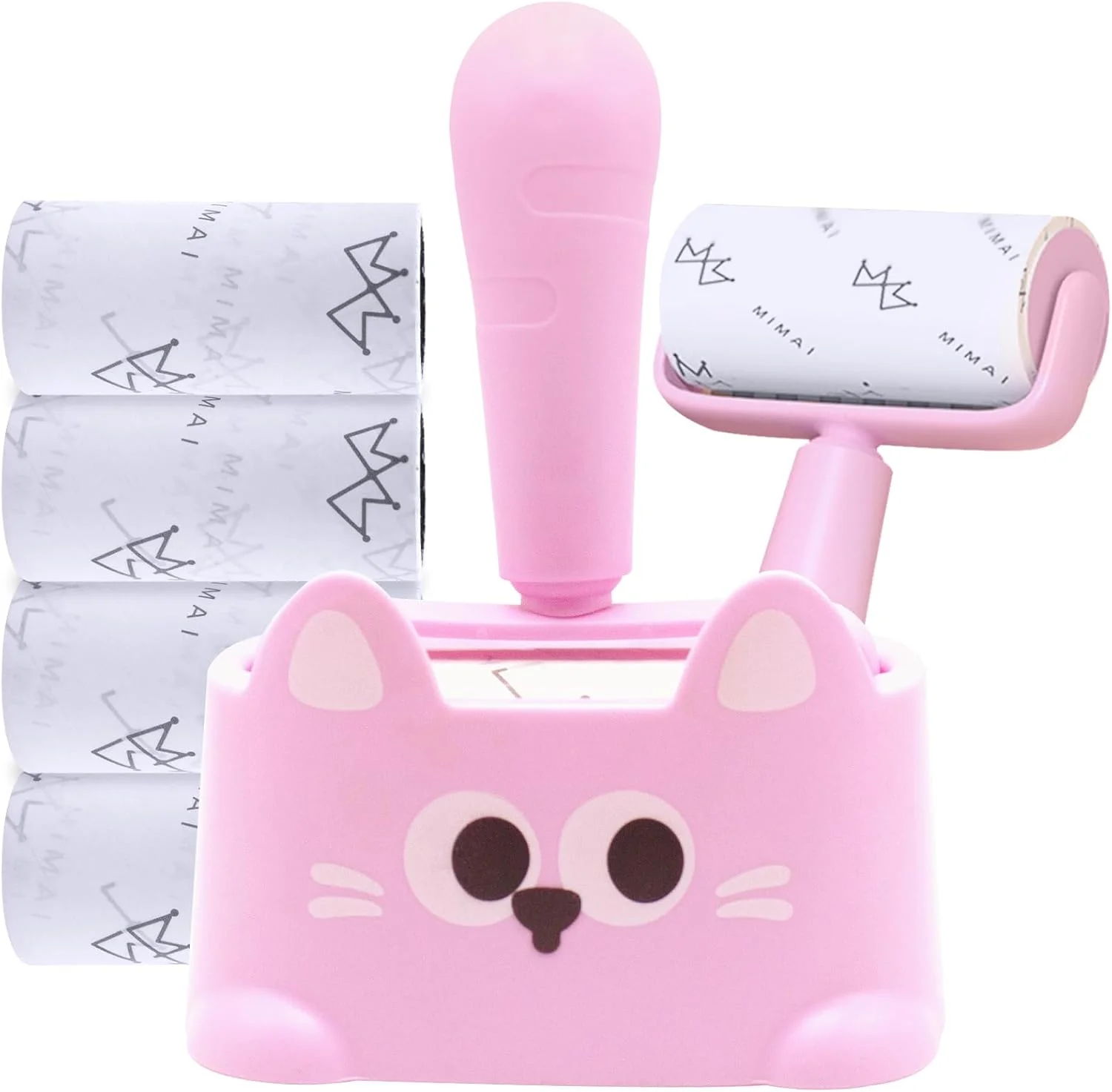 غلتک پرزگیر با پایه نگهداری، فوق العاده چسبناک، از بین برنده موی حیوانات خانگی، 5 رول یدک 300 برگی، دسته ارگونومیک - برس پرزگیر قابل استفاده مجدد برای موی سگ و گربه، لباس، تخت، فرش، ماشین، مبل، گرد و غبار، صورتی