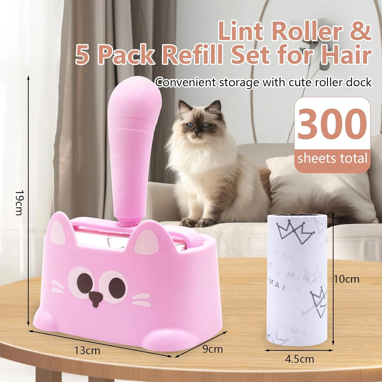 غلتک پرزگیر با پایه نگهداری، فوق العاده چسبناک، از بین برنده موی حیوانات خانگی، 5 رول یدک 300 برگی، دسته ارگونومیک - برس پرزگیر قابل استفاده مجدد برای موی سگ و گربه، لباس، تخت، فرش، ماشین، مبل، گرد و غبار، صورتی