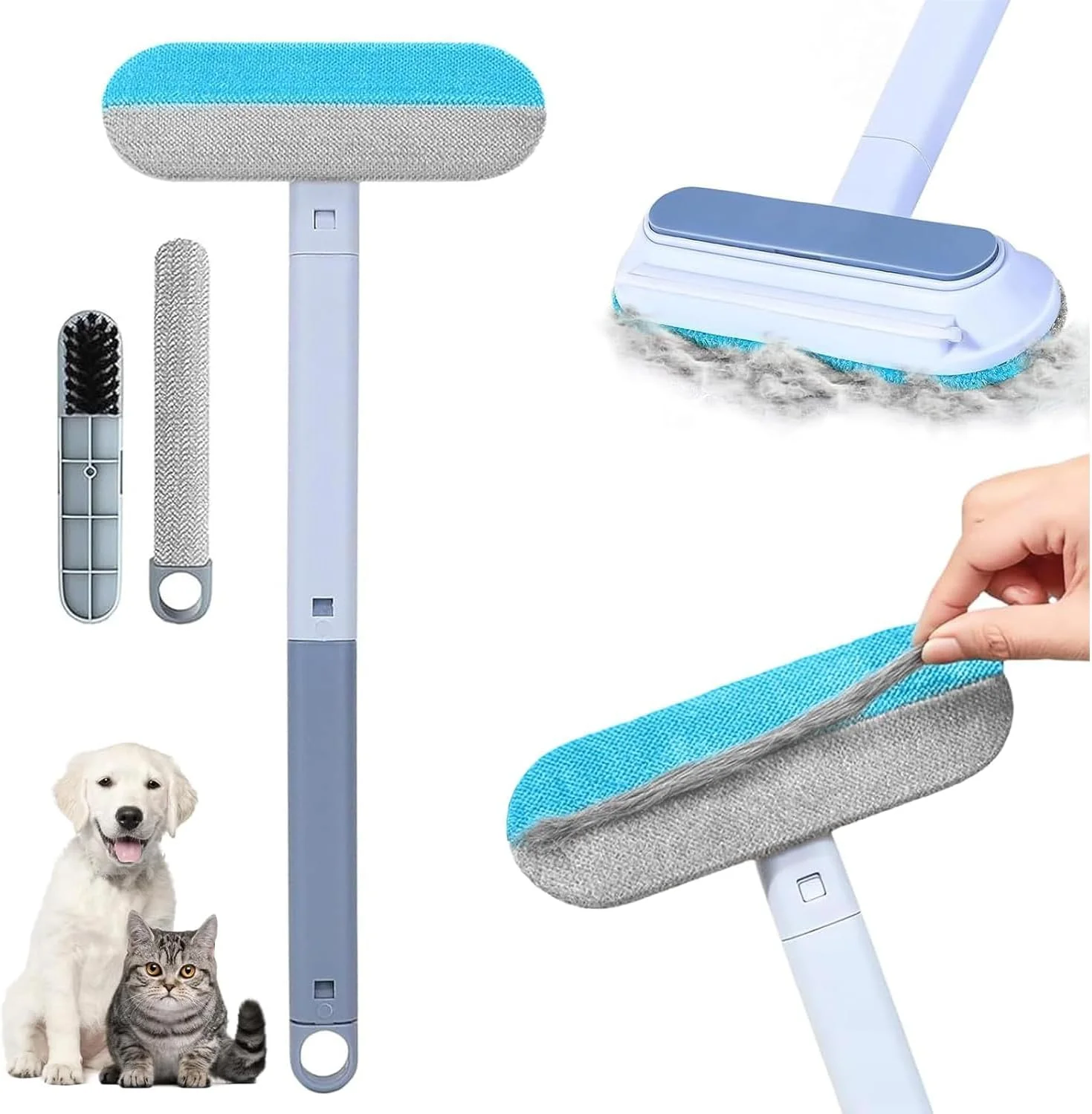 فرچه موی حیوانات خانگی 4 در 1 - برس موی سگ با دسته بلند قابل استفاده مجدد، پاک کننده پرز قابل شستشو برای موی سگ و گربه، ملایم روی مبلمان، برس موبر چند منظوره