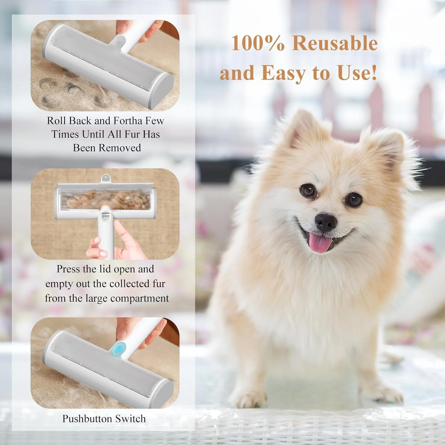 غلتک جمع کننده موی حیوانات خانگی، ابزار حذف موی مبل با دسته مخفی فشاری، غلتک پرزگیر قابل حمل، غلتک های پرزگیر قابل استفاده مجدد، قابل شستشو برای لباس/مبلمان/تخت/صندلی ماشین/فرش