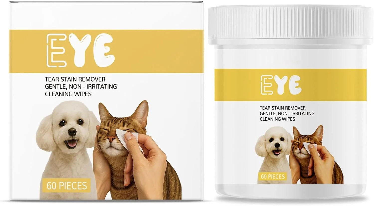 دستمال مرطوب پاک کننده لکه اشک برای سگ و گربه، پدهای مراقبت از چشم ضد حساسیت، پدهای پنبه ای نرم و ملایم برای ترشحات و لکه های چشم حیوانات خانگی، استفاده آسان، 60 عدد