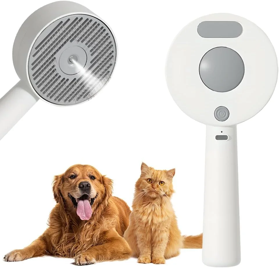 شانه موی حیوانات خانگی 4 در 1 با برس بخار، از بین برنده موهای سگ و گربه، ابزار نظافت داخلی، برس موی بخار برای حیوانات خانگی، شانه تمیز کننده آسان مو برای کنترل ریزش مو (سفید)