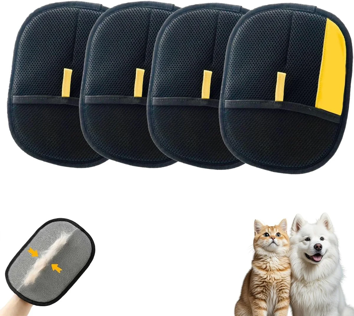 دستکش مو جمع کن حیوانات خانگی 4 عددی، دستکش های نظافت کارآمد ارتقا یافته برای موی حیوانات خانگی، دستکش های الکترواستاتیک موی حیوانات خانگی، ابزار حذف موی حیوانات خانگی برای لباس، مبل، فرش، صندلی ماشین