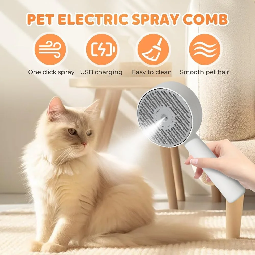 شانه موی حیوانات خانگی 4 در 1 با برس بخار، از بین برنده موهای سگ و گربه، ابزار نظافت داخلی، برس موی بخار برای حیوانات خانگی، شانه تمیز کننده آسان مو برای کنترل ریزش مو (سفید)