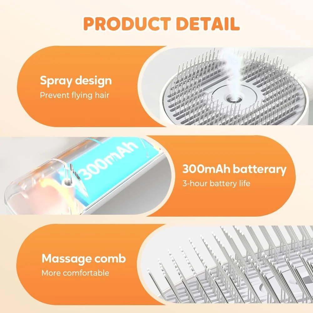 شانه موی حیوانات خانگی 4 در 1 با برس بخار، از بین برنده موهای سگ و گربه، ابزار نظافت داخلی، برس موی بخار برای حیوانات خانگی، شانه تمیز کننده آسان مو برای کنترل ریزش مو (سفید)