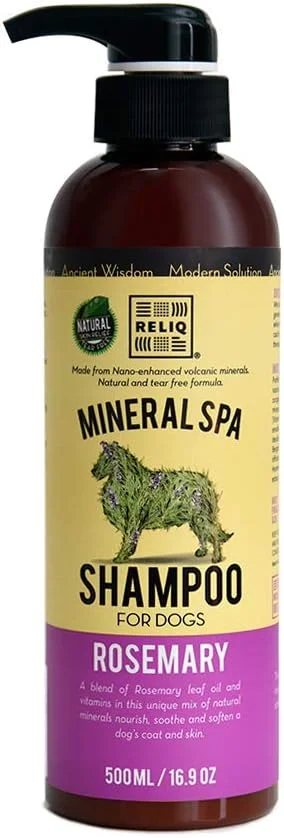 شامپو مواد معدنی طبیعی اسپا RELIQ با رایحه رزماری برای سگ/توله سگ. بدون صابون و فرمول جو دوسر. بدون اشک و کنترل بوی ماندگار. پوشش فوق العاده نرم و براق بعد از شستشو.