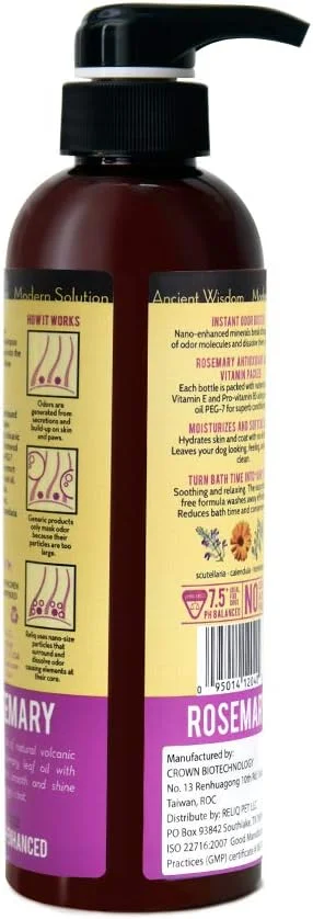 شامپو مواد معدنی طبیعی اسپا RELIQ با رایحه رزماری برای سگ/توله سگ. بدون صابون و فرمول جو دوسر. بدون اشک و کنترل بوی ماندگار. پوشش فوق العاده نرم و براق بعد از شستشو.