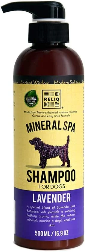 شامپو سگ/توله سگ RELIQ با مواد معدنی طبیعی اسپا، رایحه اسطوخودوس. بدون صابون و فرمول جو دوسر. بدون اشک و کنترل طولانی مدت بو. پوشش فوق العاده نرم و براق بعد از شستشو.