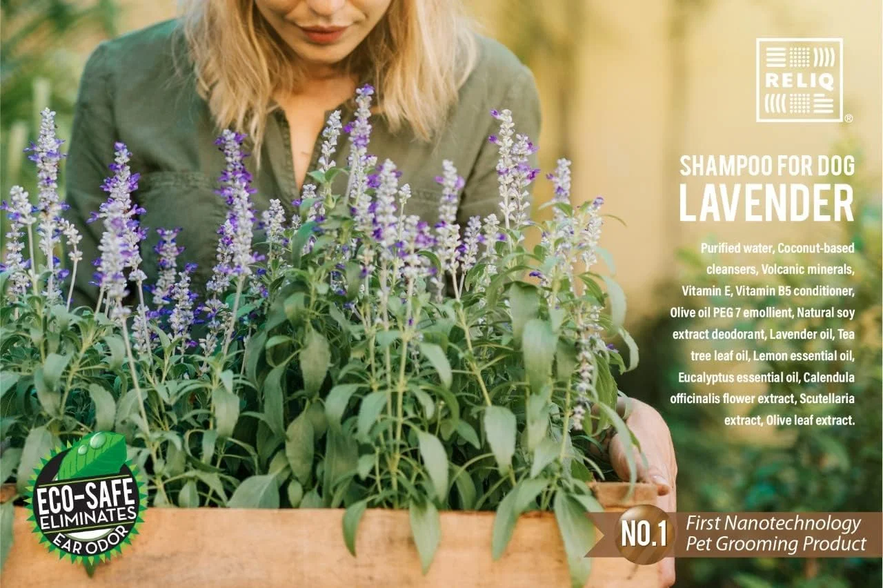 شامپو سگ/توله سگ RELIQ با مواد معدنی طبیعی اسپا، رایحه اسطوخودوس. بدون صابون و فرمول جو دوسر. بدون اشک و کنترل طولانی مدت بو. پوشش فوق العاده نرم و براق بعد از شستشو.