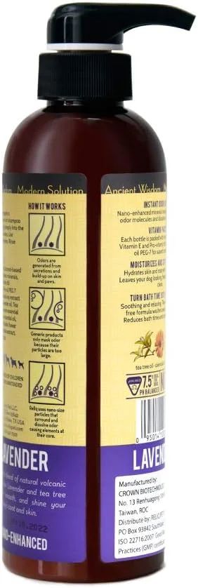 شامپو سگ/توله سگ RELIQ با مواد معدنی طبیعی اسپا، رایحه اسطوخودوس. بدون صابون و فرمول جو دوسر. بدون اشک و کنترل طولانی مدت بو. پوشش فوق العاده نرم و براق بعد از شستشو.