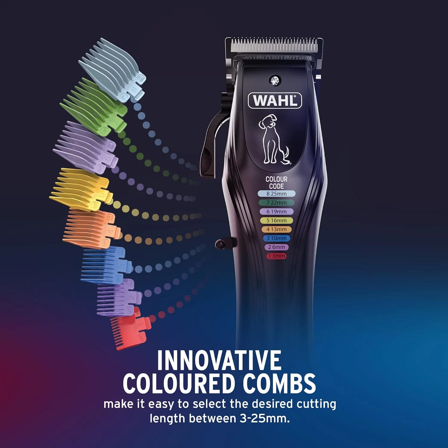 ماشین اصلاح شارژی حیوانات خانگی WAHL Colour Pro، ماشین اصلاح با شانه‌های کدگذاری شده، اصلاح کامل پوشش بدن برای سگ‌ها، صدای کم، ماشین اصلاح سگ با سیم/بدون سیم، مشکی