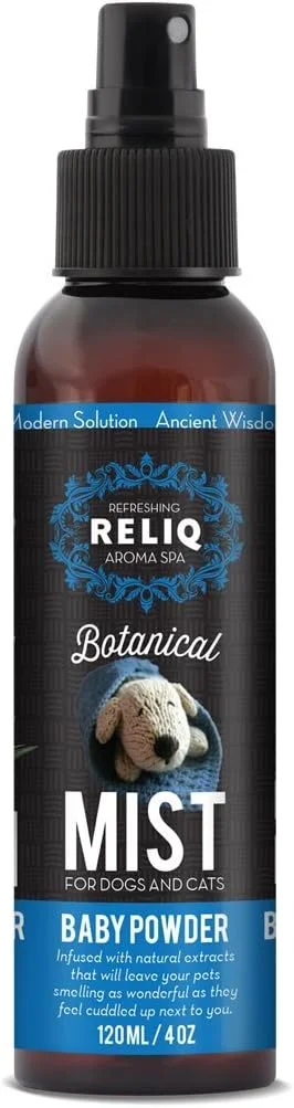 ادکلن RELIQ Aroma SPA با رایحه پودر بچه، اسپری خوشبو کننده گیاهی برای سگ و گربه. بعد از حمام روی پوشش اسپری کنید تا سگ شما بوی تمیز و تازه ای داشته باشد. غنی شده با عصاره های طبیعی برای آرامش و تسکین.