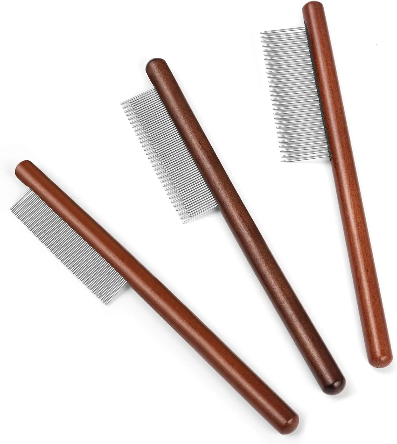 شانه حیوانات خانگی با دسته چوبی ریان، ابزار نظافت برای سگ، گربه و سایر حیوانات خانگی با موهای بلند و کوتاه، شانه گره باز کن حیوانات خانگی با دندانه های گرد، دسته ضد لغزش، جلوگیری از گره خوردگی و نمدی شدن (3 عدد)