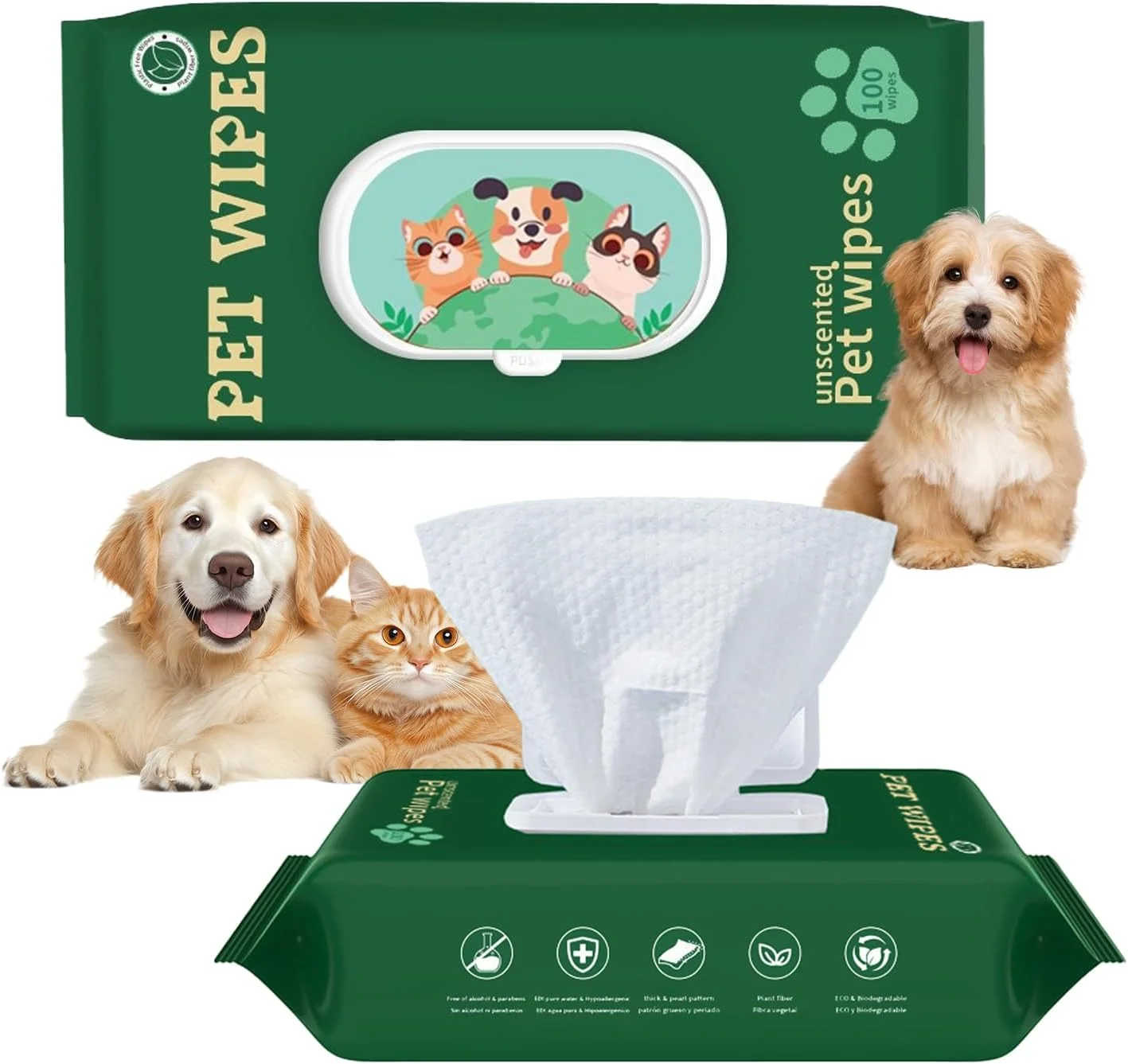 دستمال مرطوب سگ و گربه، 200 عدد دستمال مرطوب تمیز کننده چند منظوره حیوانات خانگی، دستمال مرطوب گوش سگ، نظافت سریع و آسان برای باسن، بدن، پنجه ها، چشم ها، برای طراوت سریع و آسان، 2 بسته مسافرتی 200 عددی