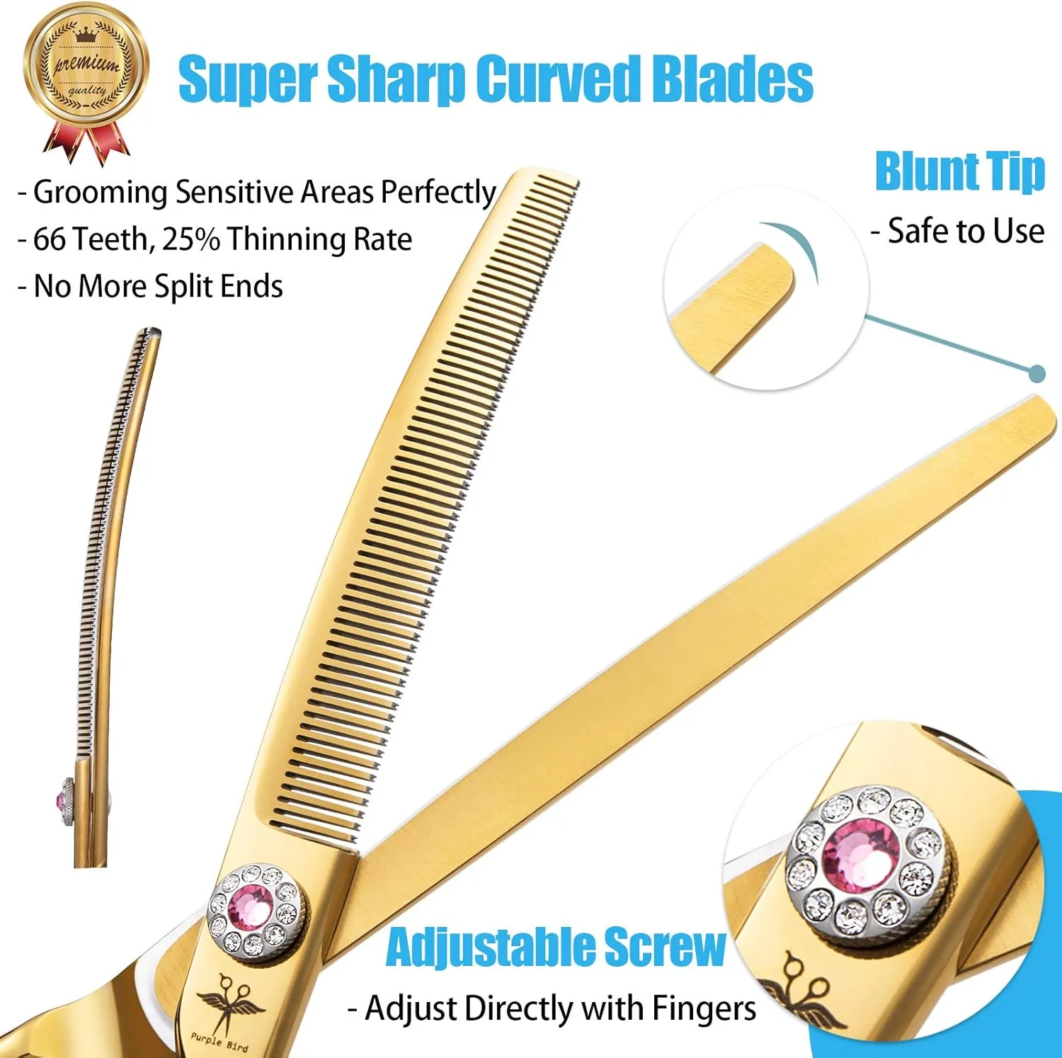 قیچی آرایشگری سگ PURPLEBIRD 7 اینچی خمیده به سمت پایین، قیچی باغبانی و بافت دهنده، قیچی پیرایش ایمن حرفه ای با نوک صاف برای سگ ها گربه ها صورت پنجه ها اندام ها استیل ضد زنگ ژاپنی زرد