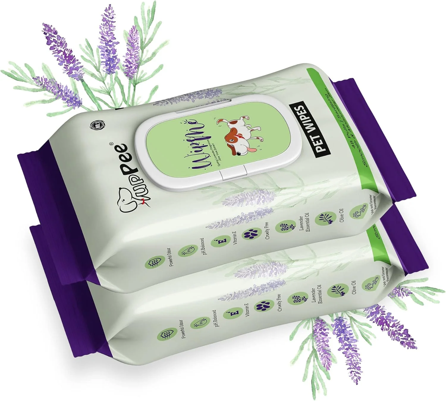 دستمال مرطوب پارچه ای 100% زیست تخریب پذیر PUPPEE WIPE ME برای سگ ها و گربه ها | فرمول ضد باکتری و ضد حساسیت | دستمال های پاک کننده، خوشبو کننده و نظافتی | اسانس اسطوخودوس، ویتامین E و روغن زیتون |