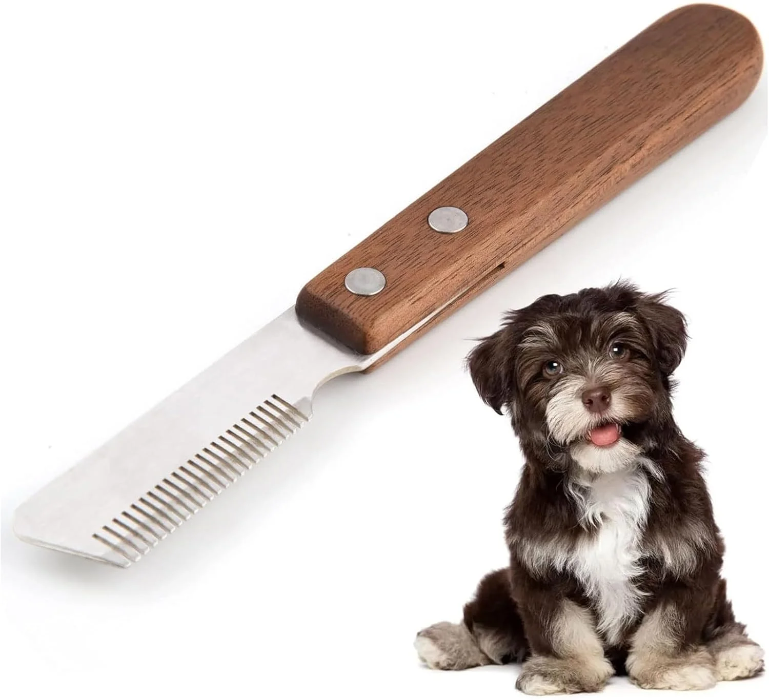 چاقوی استریپینگ حرفه ای سگ، ابزار چاقوهای استریپینگ برای سگ ها، چاقوی استریپینگ دستی برای تریر مرزی، ابزار نظافت حیوانات خانگی، دسته چوبی ارگونومیک (مناسب دست راست)