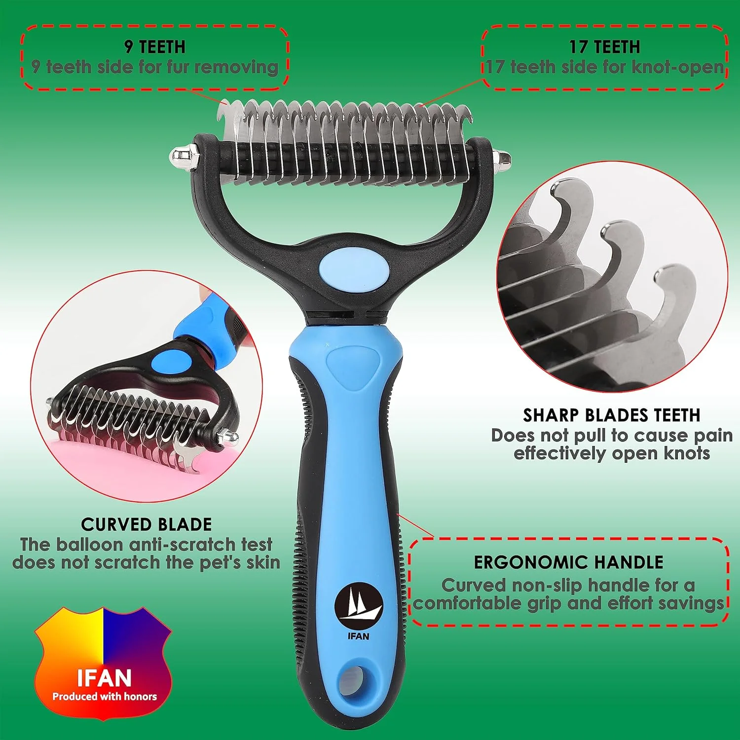 شانه حرفه ای دو کاره حیوانات خانگی IFAN™، برس گربه، برس سگ، شانه نظافت گربه، شانه نظافت سگ، ابزار حذف کک، باز کردن گره، برس موهای پرزدار برای موهای بلند و کوتاه سگ و گربه مدل 09 17t (آبی)