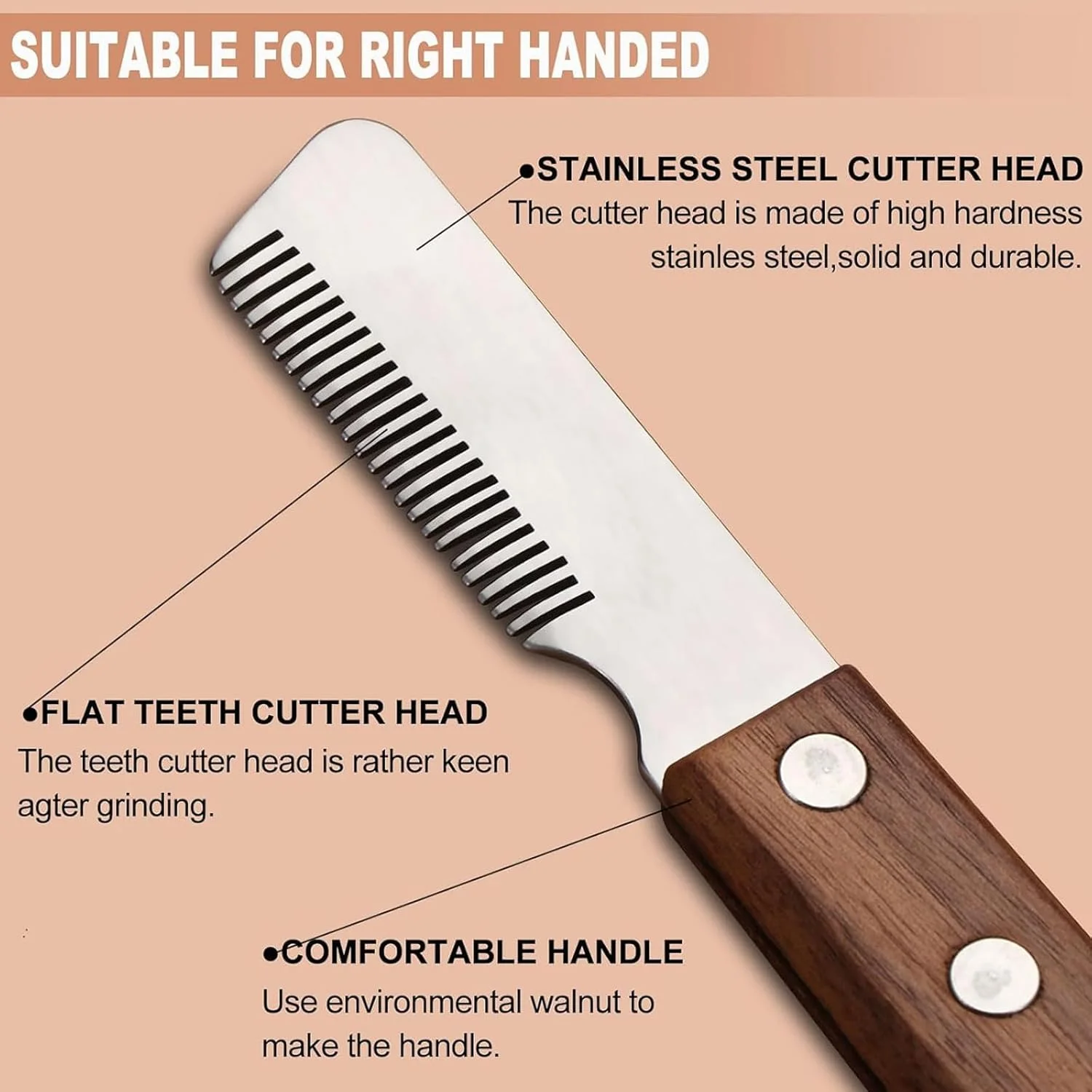 چاقوی استریپینگ حرفه ای سگ، ابزار چاقوهای استریپینگ برای سگ ها، چاقوی استریپینگ دستی برای تریر مرزی، ابزار نظافت حیوانات خانگی، دسته چوبی ارگونومیک (مناسب دست راست)