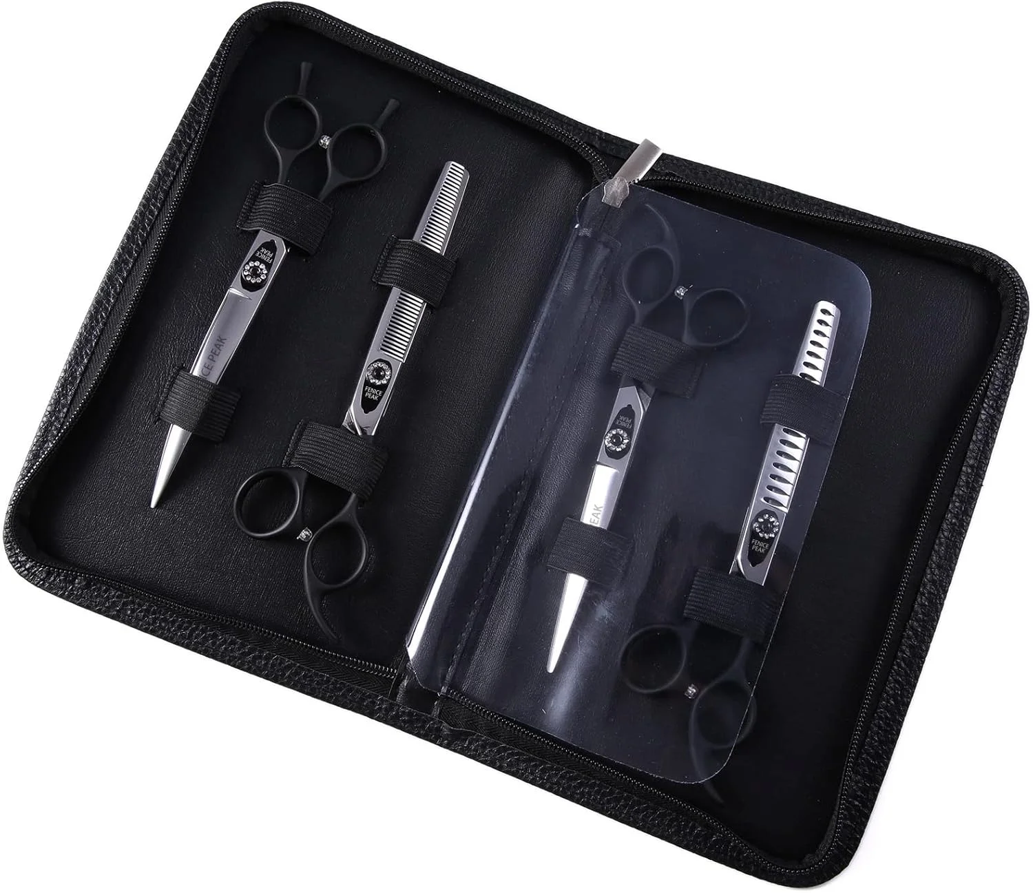 ست قیچی آرایشگری حرفه ای سگ فنیکس پیک 7.5 اینچی با دسته مشکی ضد لغزش، فولاد ضد زنگ 440C، شامل قیچی های صاف، اره ای، منحنی و چانکر به همراه شانه، ست 5 تکه برای خدمات آرایش حیوانات خانگی