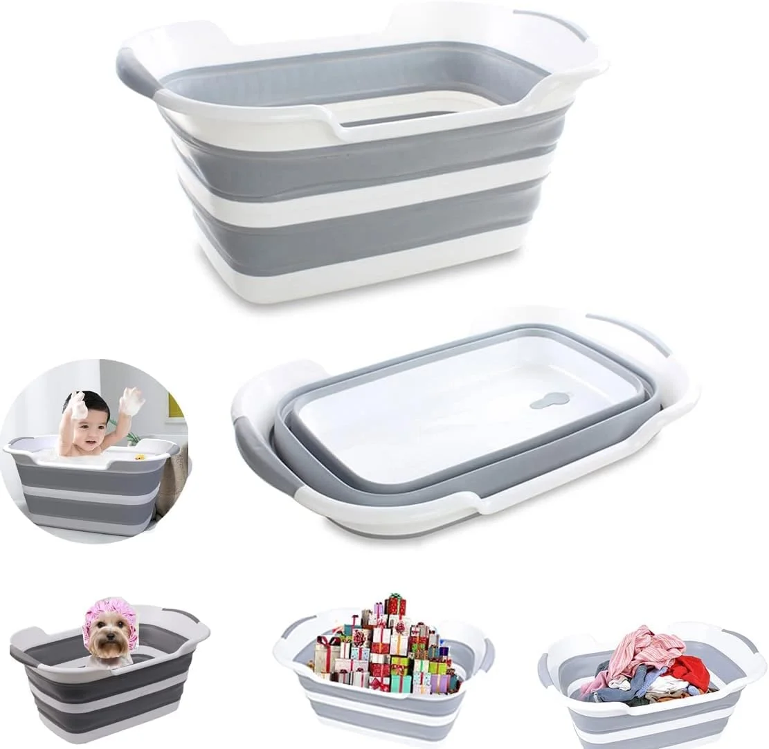 وان حمام حیوانات خانگی تاشو چند منظوره، سبد لباس و لگن شستشو با سوراخ تخلیه (خاکستری)