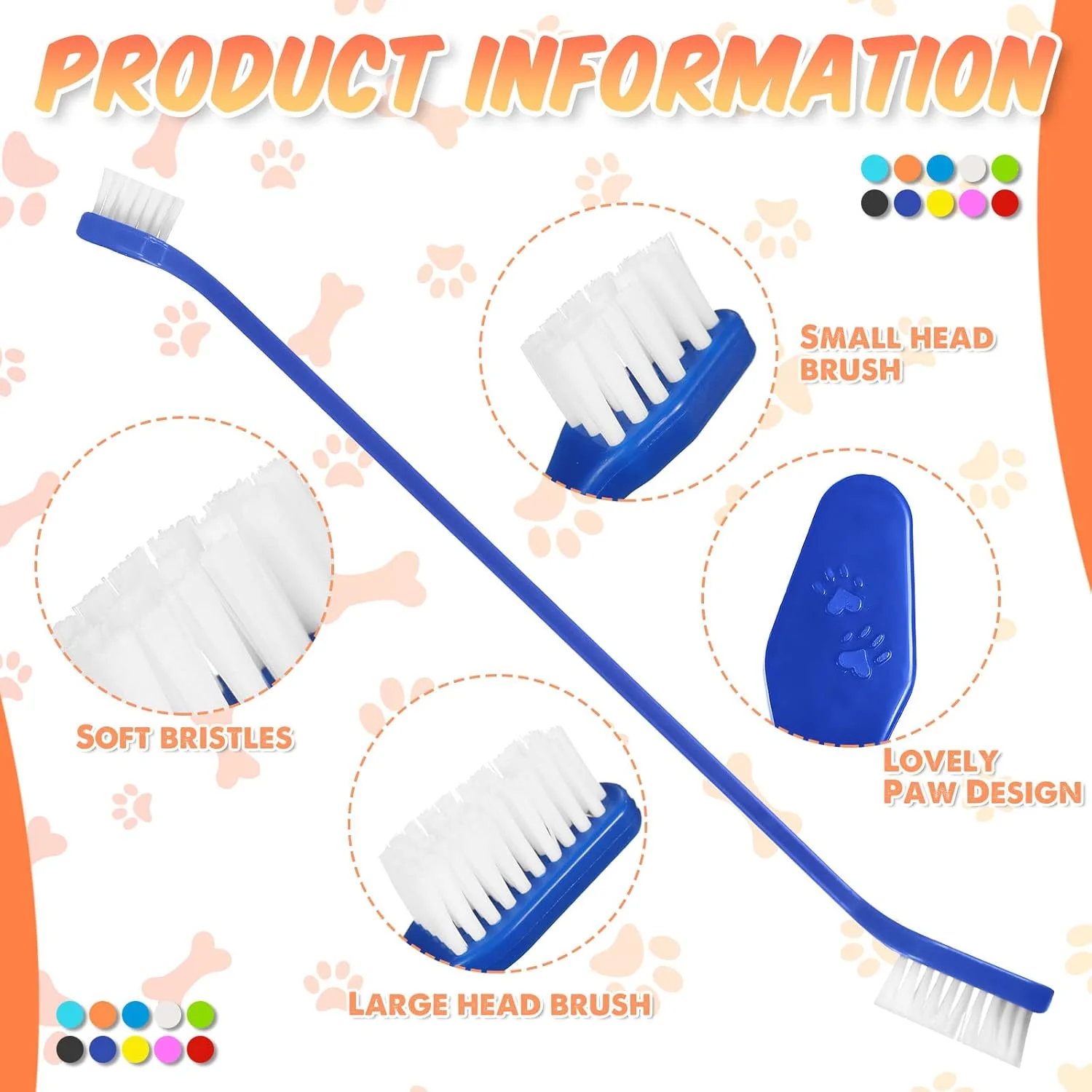 پوچن 100 عدد مسواک سگ دو سر مسواک حیوانات خانگی با موهای نرم دسته بلند مسواک دو طرفه برای سگ ها مسواک نظافت سگ برای تمیز کردن دندان های بزرگ و کوچک توله سگ مراقبت از دهان و دندان، 10 رنگ