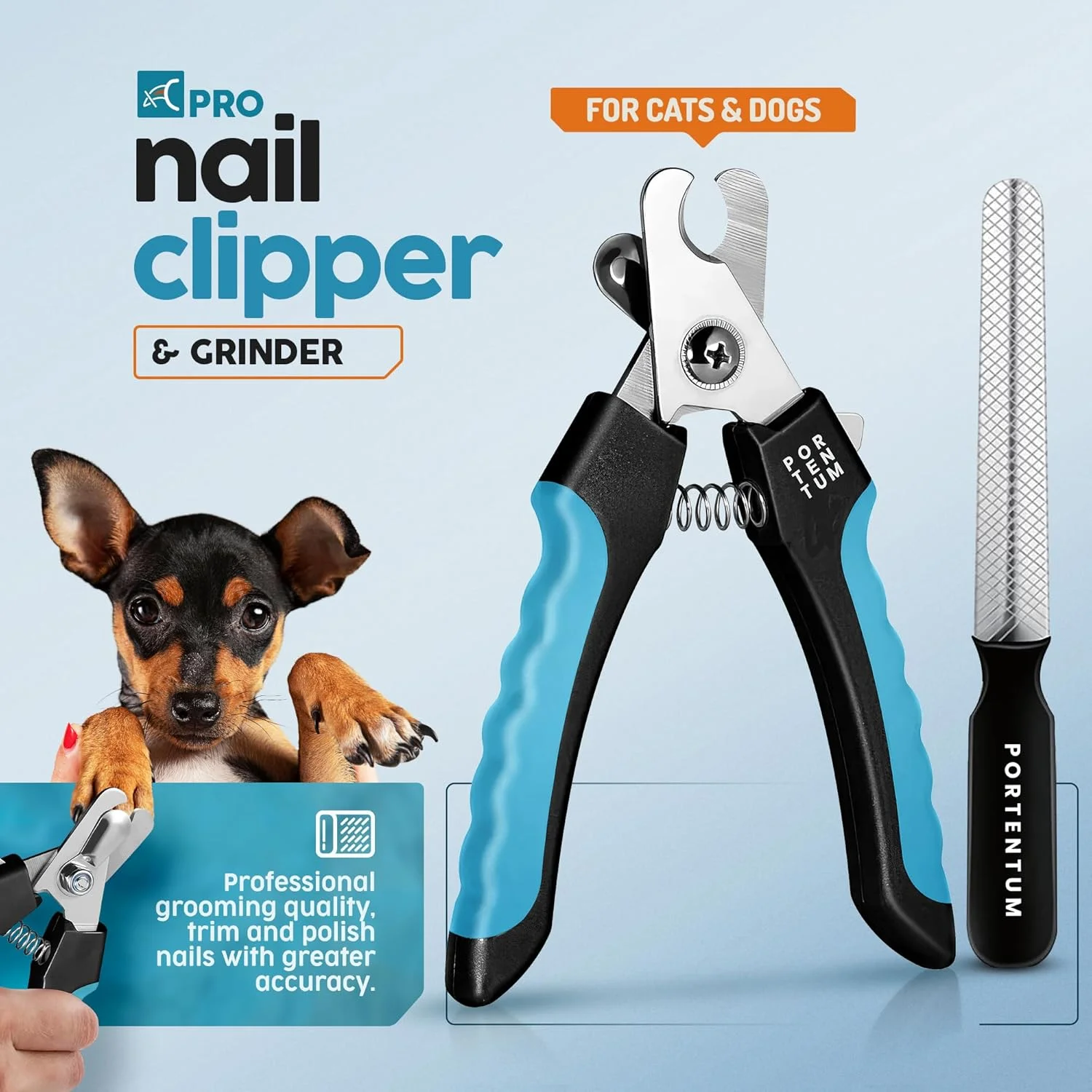 قیچی ناخن حرفه ای PORTENTUM برای سگ و گربه به همراه سوهان ناخن، ناخن گیر پنجه استیل ضد زنگ، ابزار مراقبت از پنجه برای حیوانات خانگی، ناخن گیر بزرگ با محافظ ایمنی، 6 اینچ