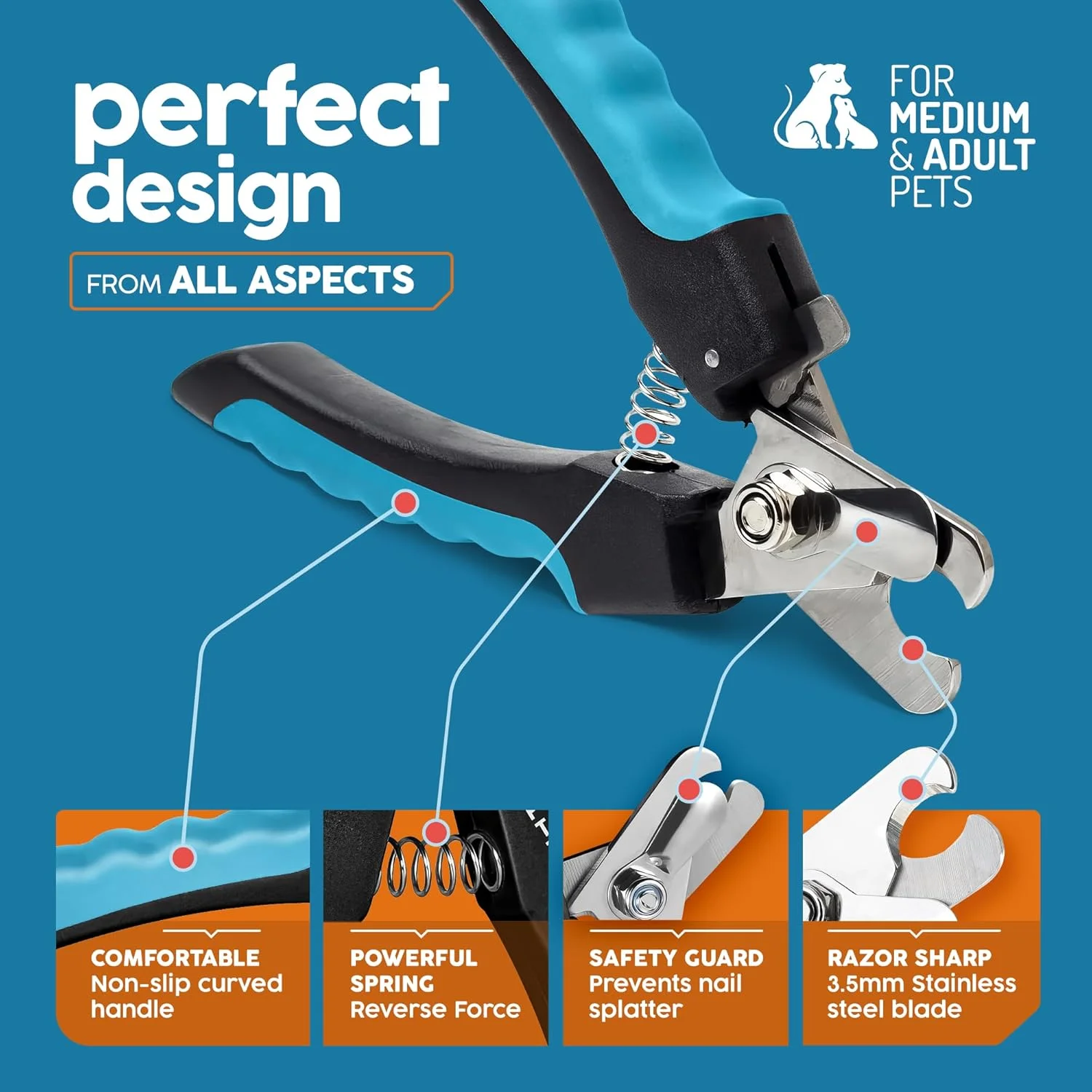 قیچی ناخن حرفه ای PORTENTUM برای سگ و گربه به همراه سوهان ناخن، ناخن گیر پنجه استیل ضد زنگ، ابزار مراقبت از پنجه برای حیوانات خانگی، ناخن گیر بزرگ با محافظ ایمنی، 6 اینچ
