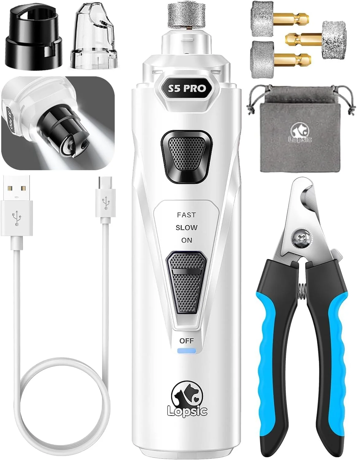 سوهان ناخن سگ LOPSIC با 2 چراغ LED، ناخن گیر قدرتمند 2 سرعته سگ با 2 چرخ سنگ زنی، فوق العاده بی صدا، قابل شارژ، کیت ناخن گیر حیوانات خانگی برای سگ های بزرگ، متوسط، گربه ها، حیوانات کوچک، مراقبت از ناخن