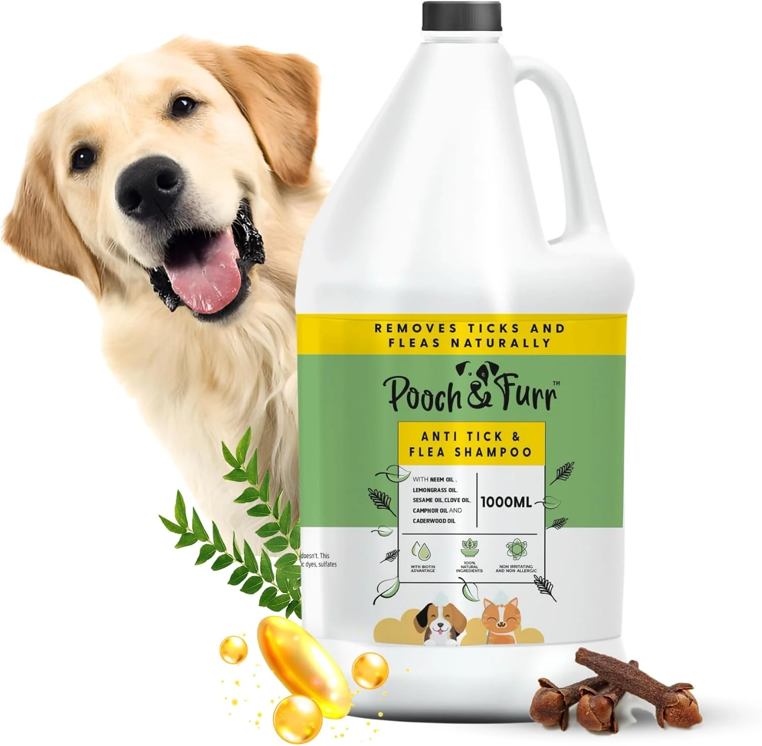 شامپو سگ ضد کنه و کک پوچ اند فر (۱۰۰۰ میلی لیتر)، فرمول قوی، دفاع قدرتمند و طبیعی، پیشگیری برای سگ های بزرگ و کوچک حاوی روغن چریش، روغن کافور، روغن میخک