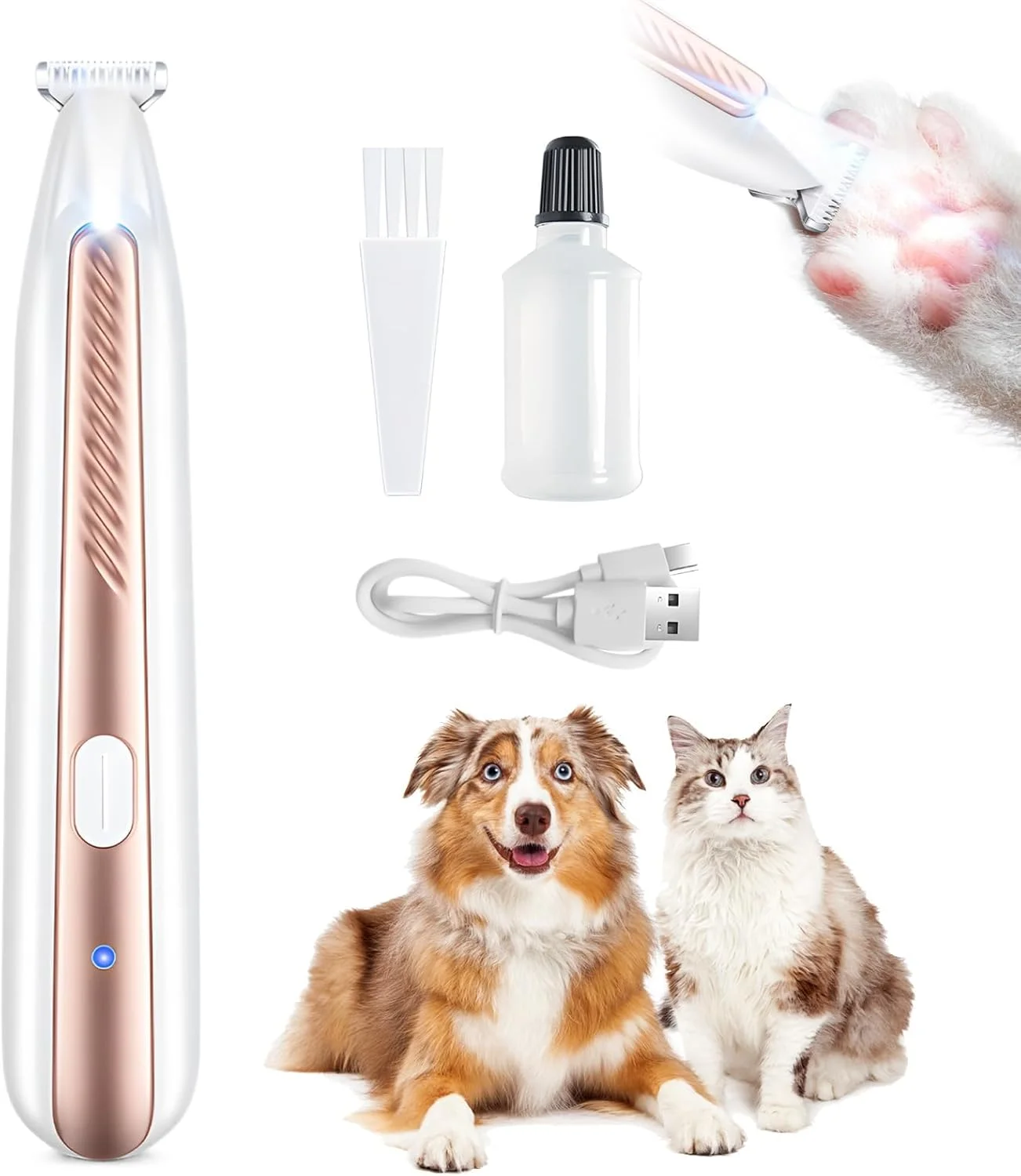 ماشین اصلاح موی حیوانات خانگی PINKE، ماشین اصلاح پنجه سگ، ماشین اصلاح برقی سگ، ابزار حذف مو ماشین اصلاح قابل شارژ با نور LED برای اصلاح مو، گوش، کفل، صورت، چشم