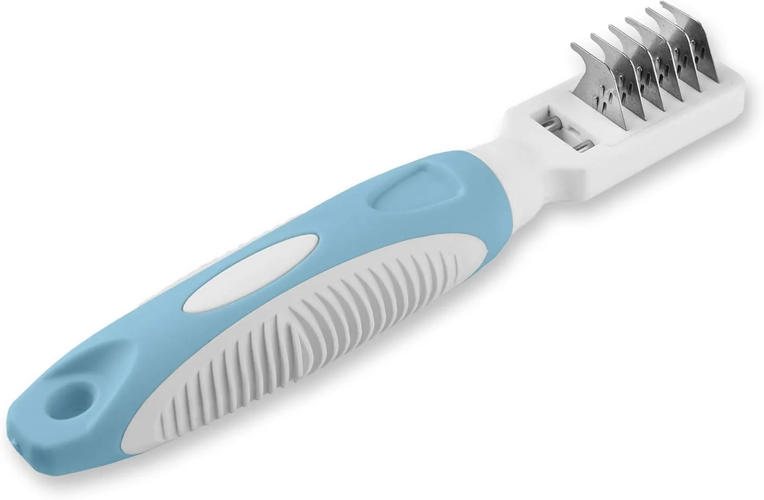 ابزار از بین بردن گره موی حیوانات خانگی پتس فرست - ابزار رفع گره برای آراستن گربه ها و سگ ها - از بین برنده موهای گره خورده، درهم، گره ها، موهای شل و کثیفی - فولاد ضد زنگ، دندانه های ملایم، دسته با روکش نرم و راحت، آبی