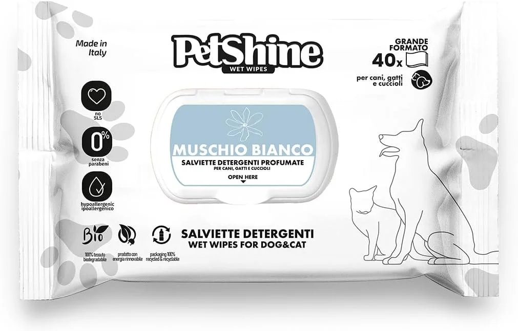 دستمال مرطوب سگ و گربه پت شاین 40 عددی 30x20 سانتی متر (مشک سفید)